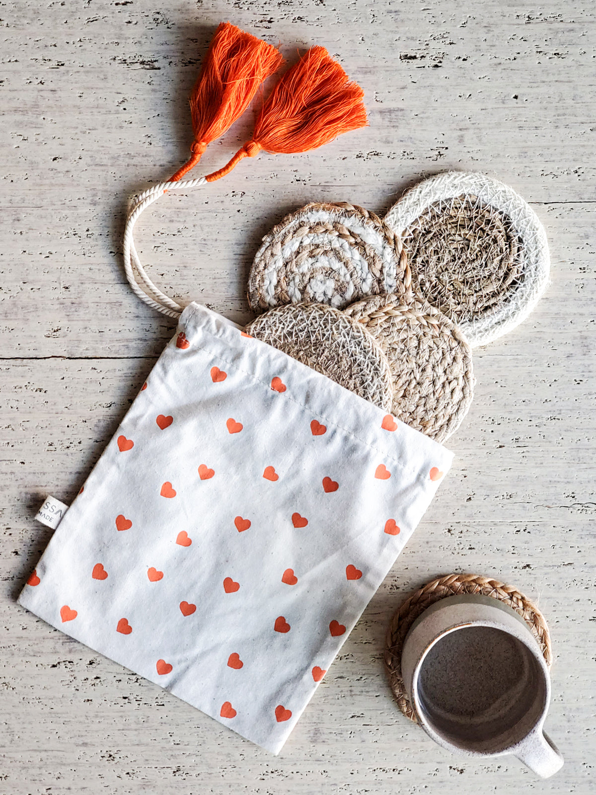 Natural Coaster Gift Set with Heart pouch