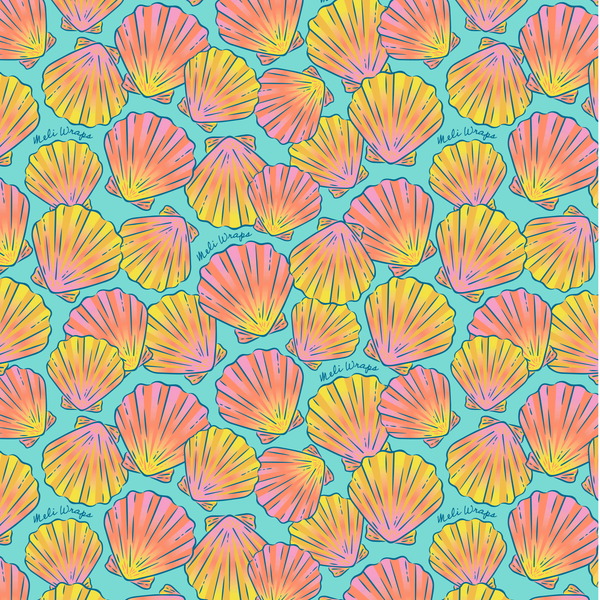 Pattern of colorful seashells on a blue background