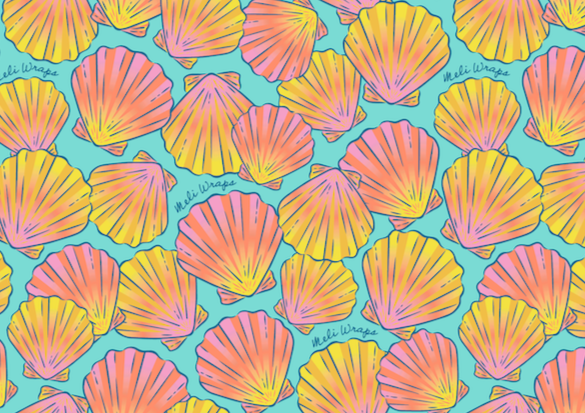 Pattern of colorful seashells on a blue background