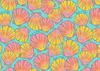 Pattern of colorful seashells on a blue background