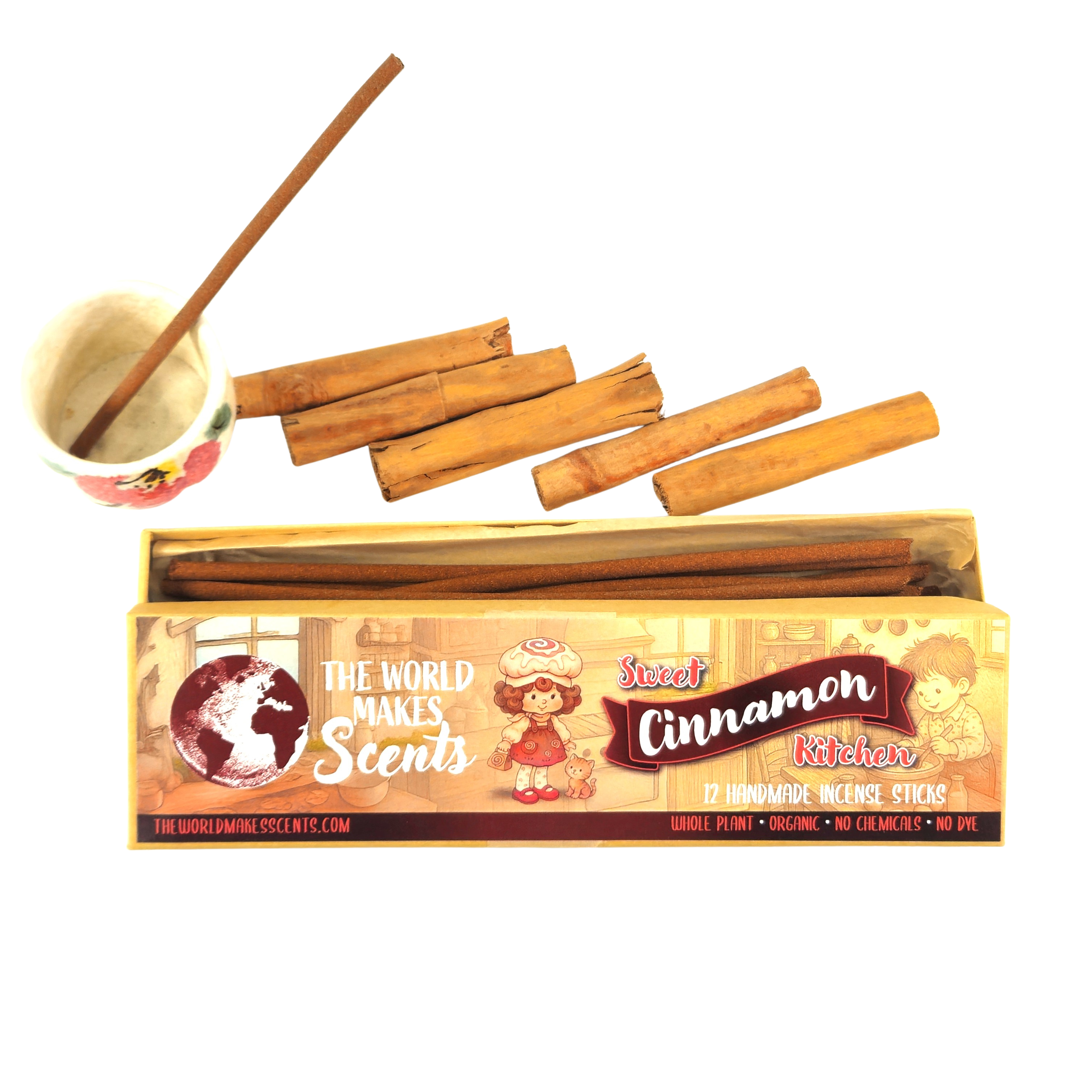 Box of Sweet Cinnamon Kitchen incense sticks with cinnamon sticks and a spoon on a white background