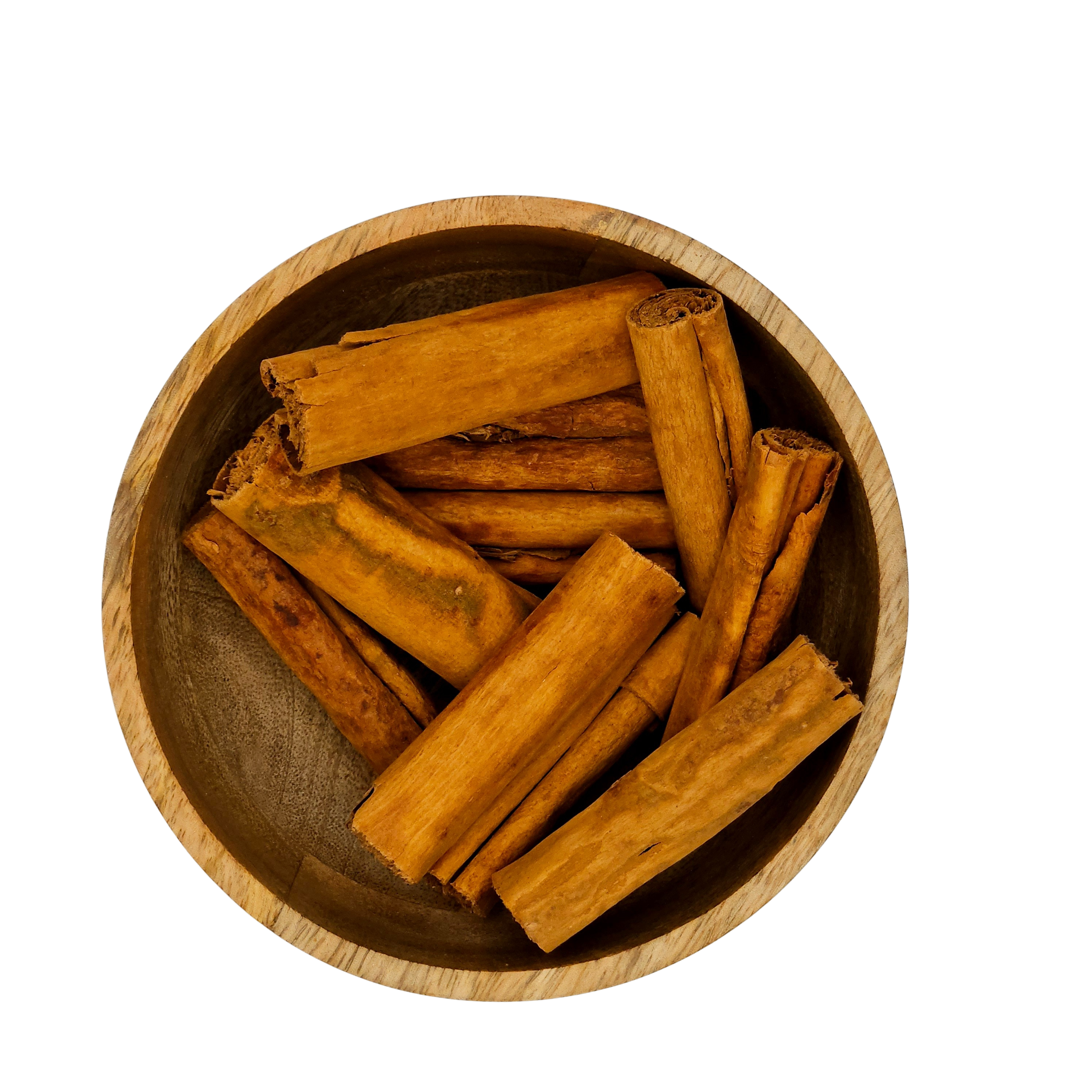 Wooden bowl filled with cinnamon sticks on a white background