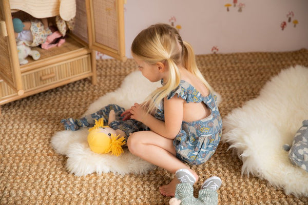 Safari Party muslin flutter sleeve romper styled with Chloe Doll and Safari Lovey by Apple Park