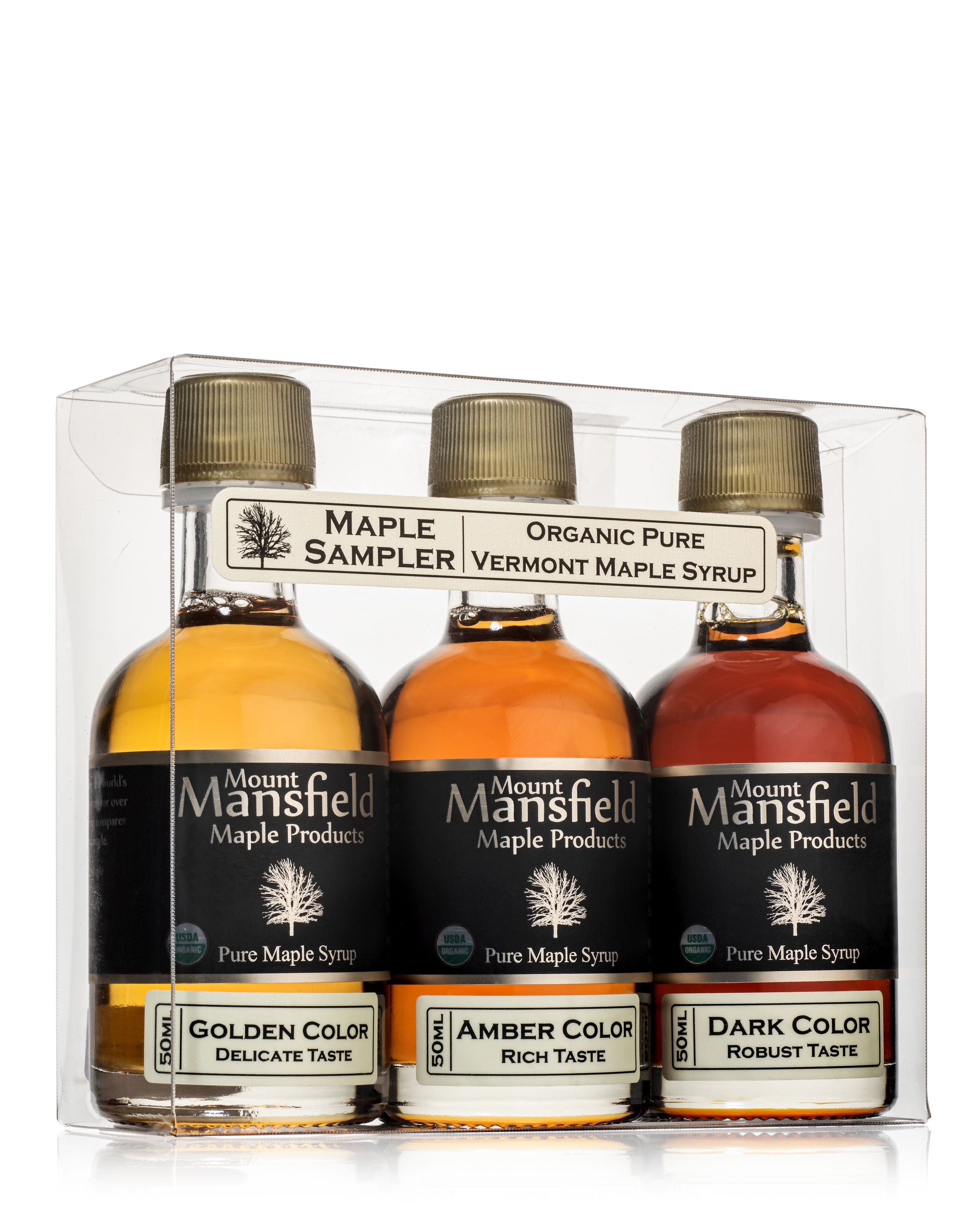 Organic Vermont Maple Syrup Grade Sampler box with three 50ml bottles