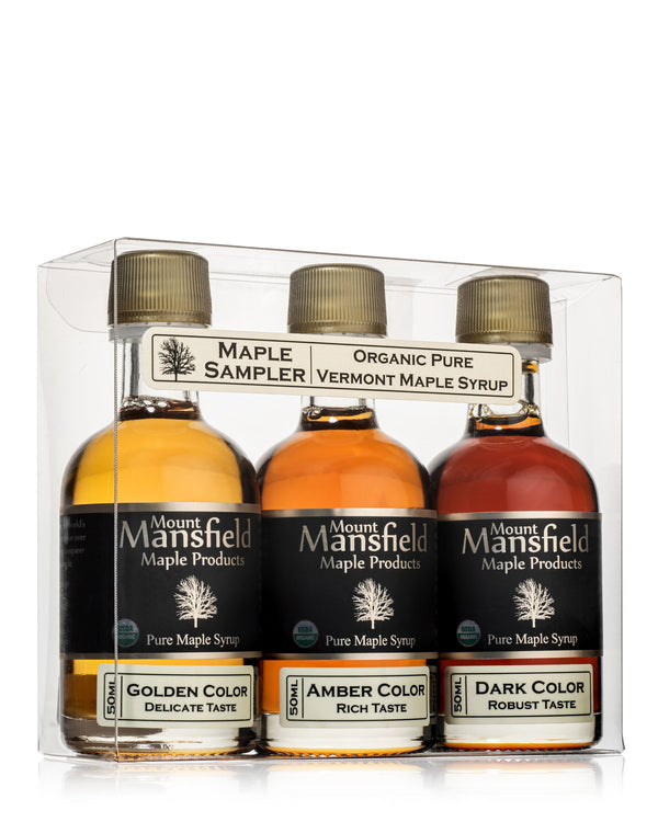 Organic Vermont Maple Syrup Grade Sampler box with three 50ml bottles