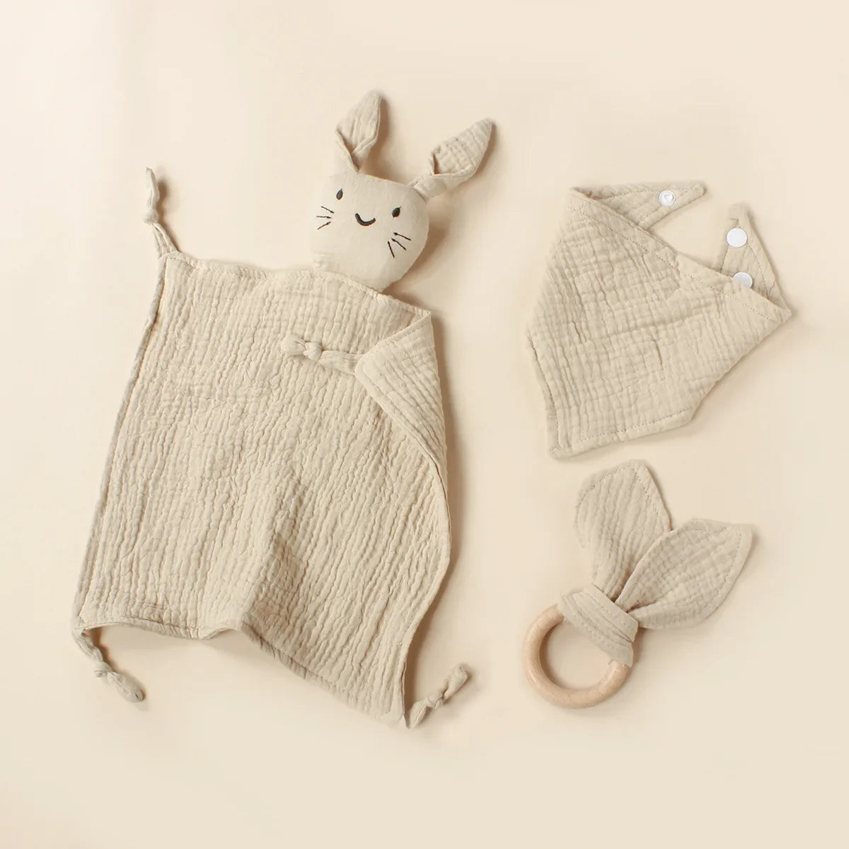 Muslin Wooden Ring Teething Set - Organic Cotton Baby Toy