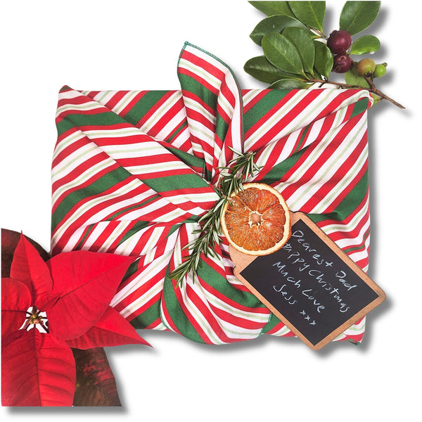 Gift wrapped in red, green, and white striped paper with a decorative tag and poinsettia plant.