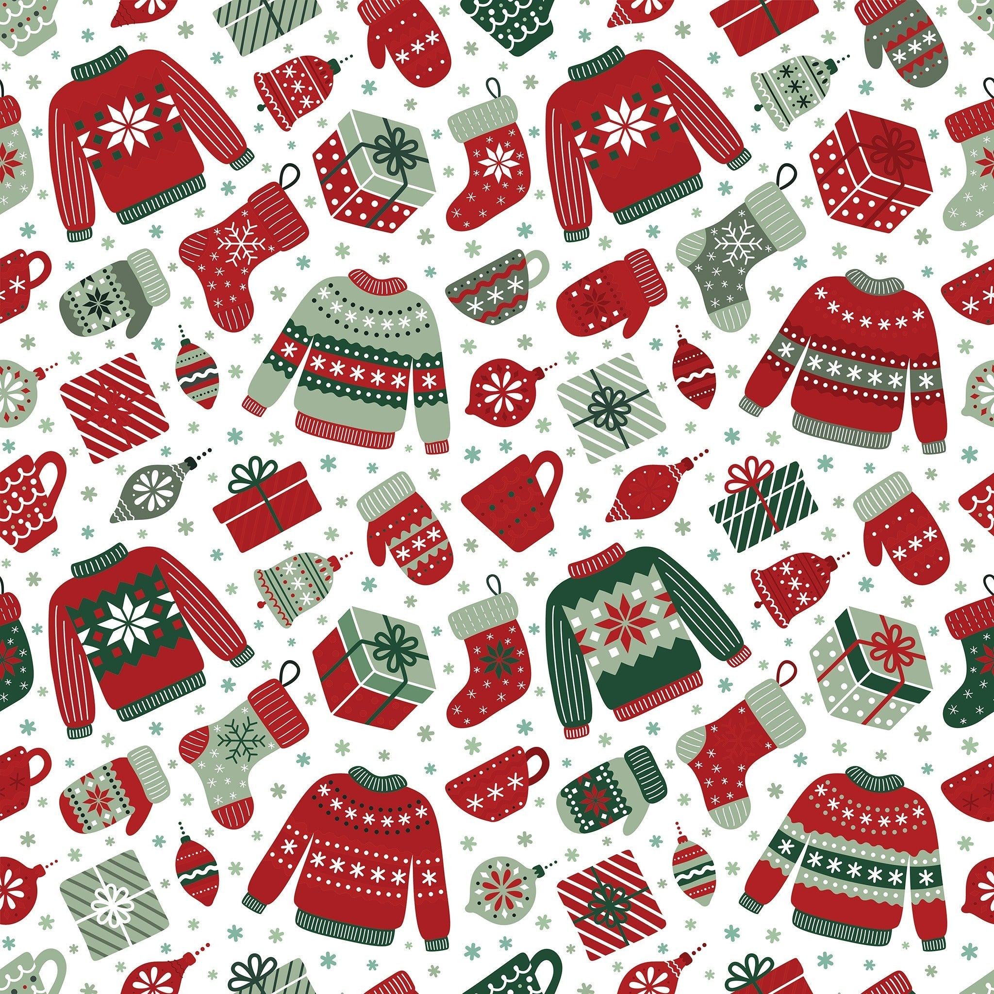 Pattern of Christmas-themed items including sweaters, stockings, and mugs on a white background.