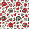 Pattern of Christmas-themed items including sweaters, stockings, and mugs on a white background.