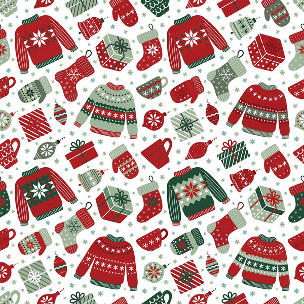 Pattern of Christmas-themed items including sweaters, stockings, and mugs on a white background.