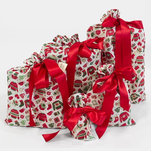 Scandi Lusekofte Reusable Christmas Gift Bag Set – 100% Cotton, Set of 5 or 10