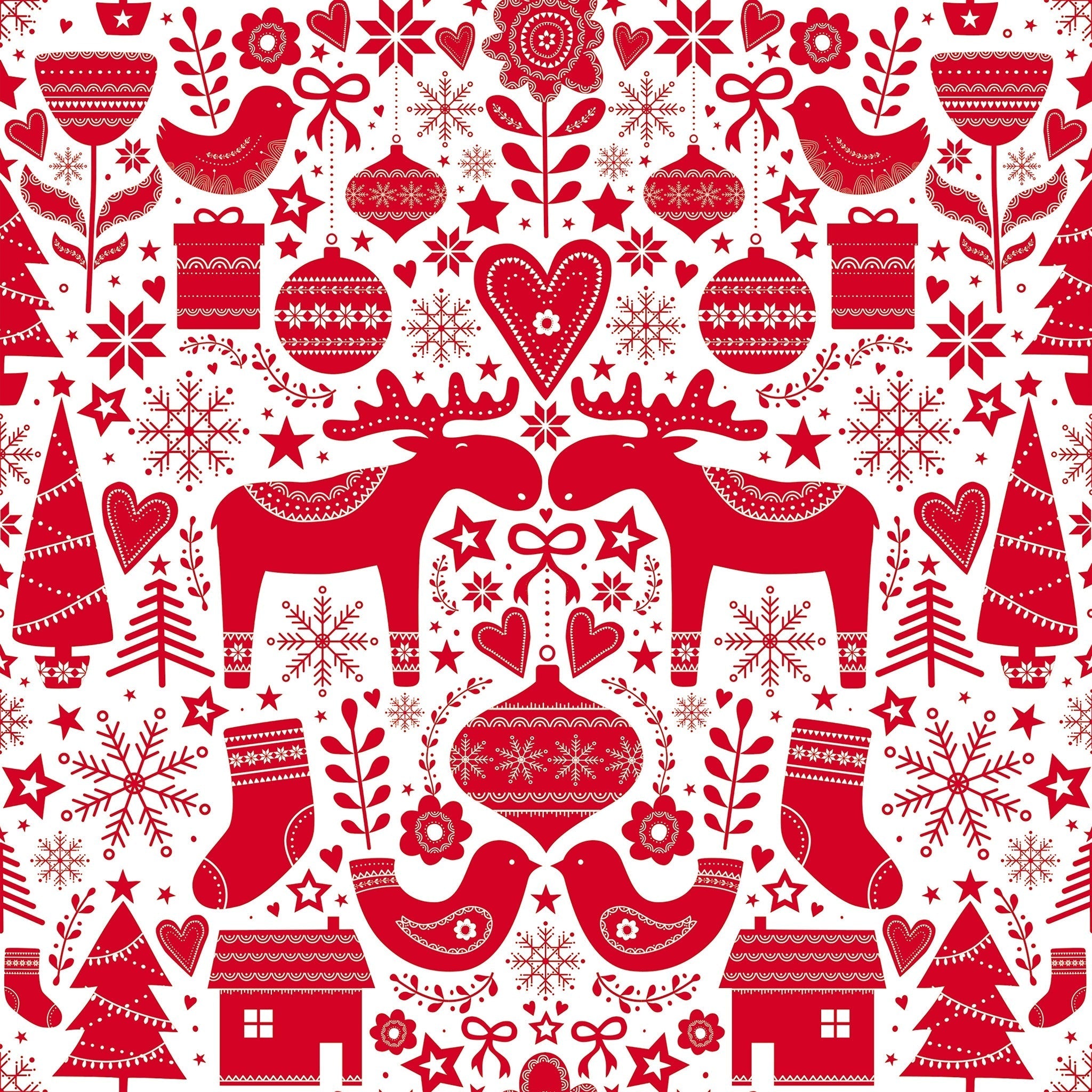 Red and white Christmas-themed pattern with reindeer, trees, and snowflakes on a white background.