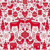 Red and white Christmas-themed pattern with reindeer, trees, and snowflakes on a white background.