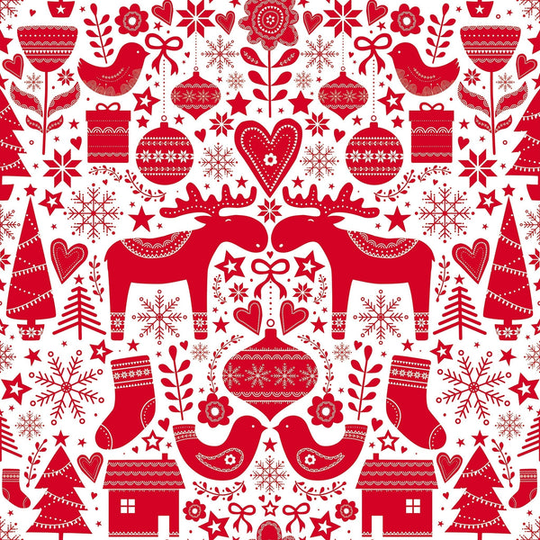 Red and white Christmas-themed pattern with reindeer, trees, and snowflakes on a white background.