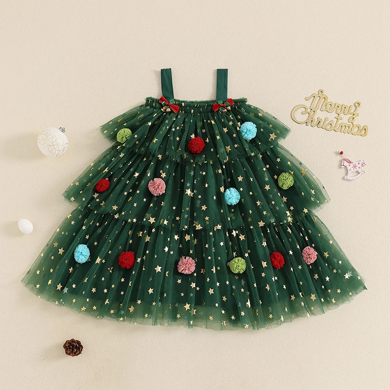 Christmas Layered Tulle Dress for girls with festive holiday design