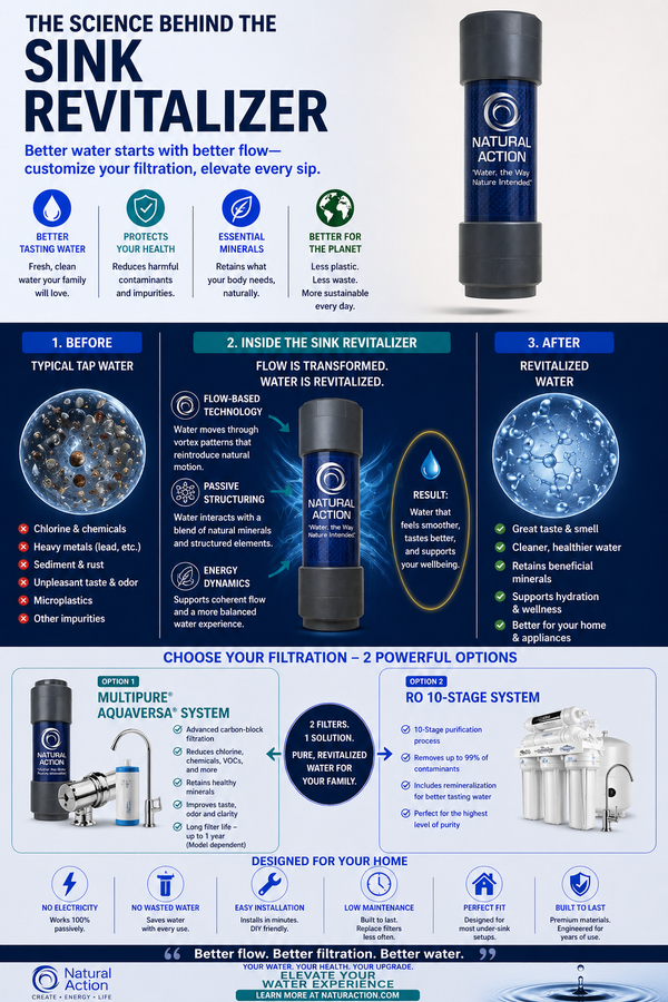 Diagram showing the science behind the Natural Action Sink Revitalizer and structured water flow technology