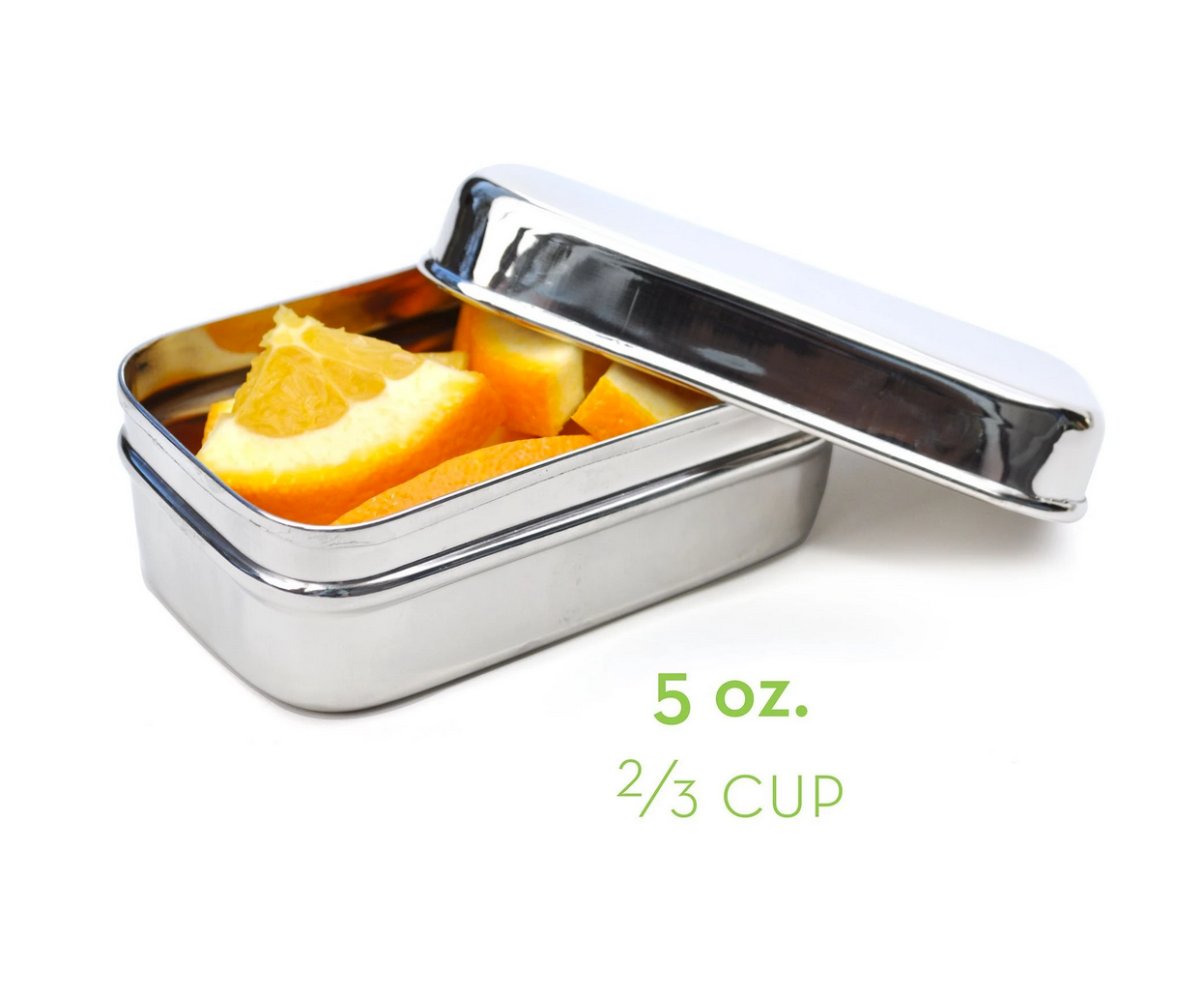 Two reusable stainless steel sauce containers packed inside an eco-friendly lunch box