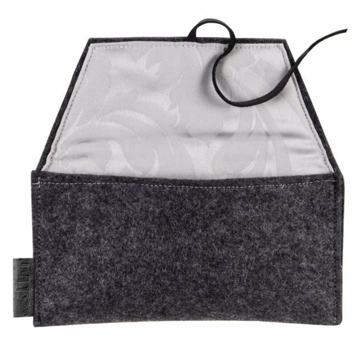Folded vegan leather eyeglass case in black stripe and charcoal, closed with string wrap