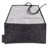 Folded vegan leather eyeglass case in black stripe and charcoal, closed with string wrap