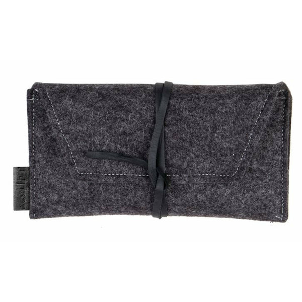 Vegan leather eyeglass case open showing interior vegan felt lining in charcoal