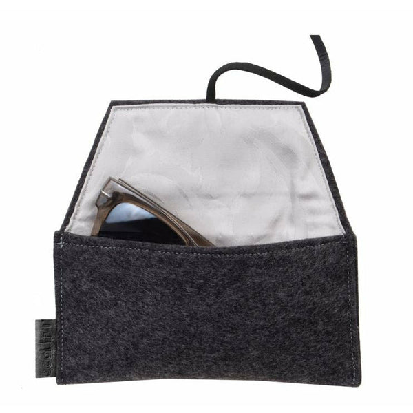 Handmade folded eyeglass case in gray floral and charcoal pattern, closed