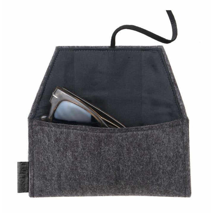 RefugeeOne handmade folded eyeglass case in gray floral design, open view showing glasses fit