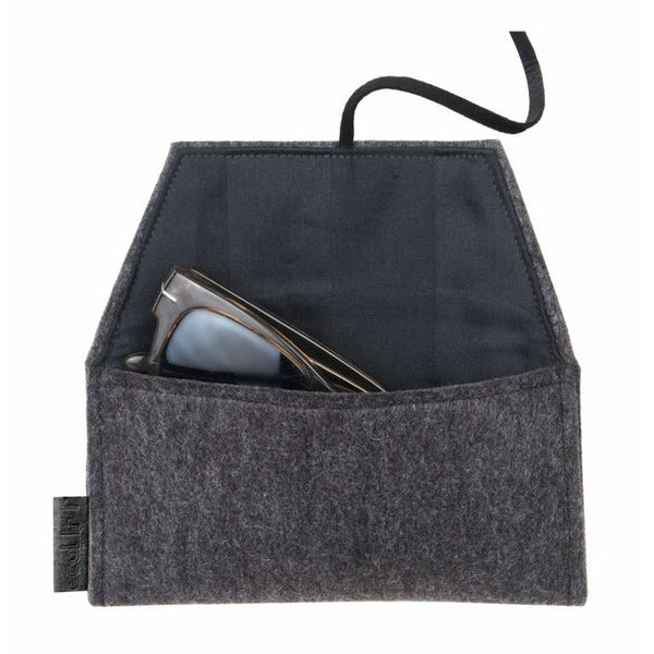 RefugeeOne handmade folded eyeglass case in gray floral design, open view showing glasses fit