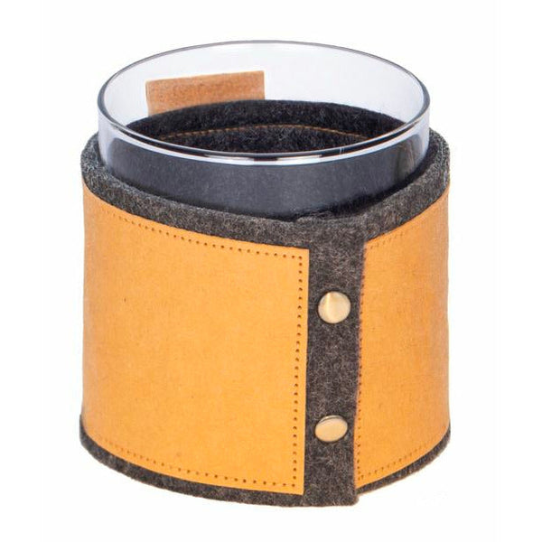 ecoLift® single drink sleeve in tan and charcoal laid flat, showing eco-friendly paper leather and vegan felt construction