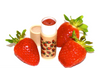Two lip balms with strawberry design surrounded by strawberries on a white background