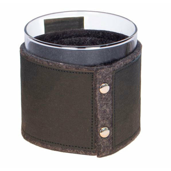 ecoLift® single drink sleeve in black and charcoal paper leather with vegan felt accents, wrapped around a beverage tumbler