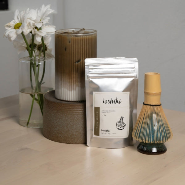 Hojicha roasted green tea from Isshiki Matcha prepared as a drink