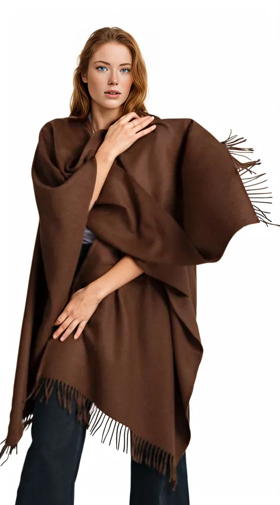Model wearing the Premium Classic Solid Alpaca Poncho, showing relaxed fit and elegant fringe trim
