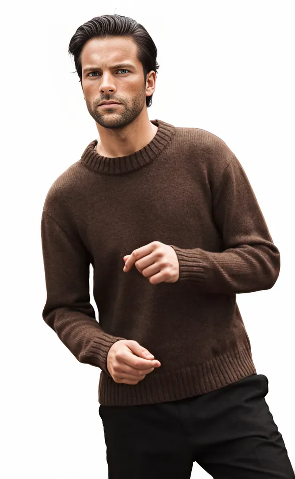Man wearing a brown sweater on a white background