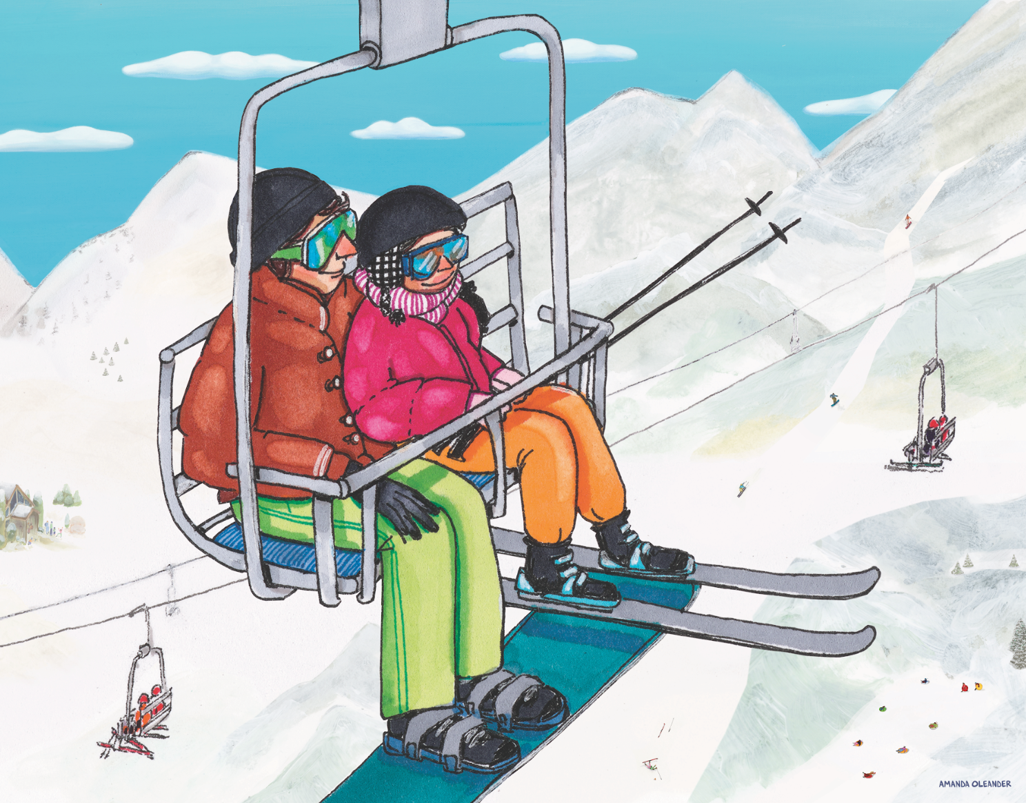 Two skiers on a chairlift with a snowy mountain landscape