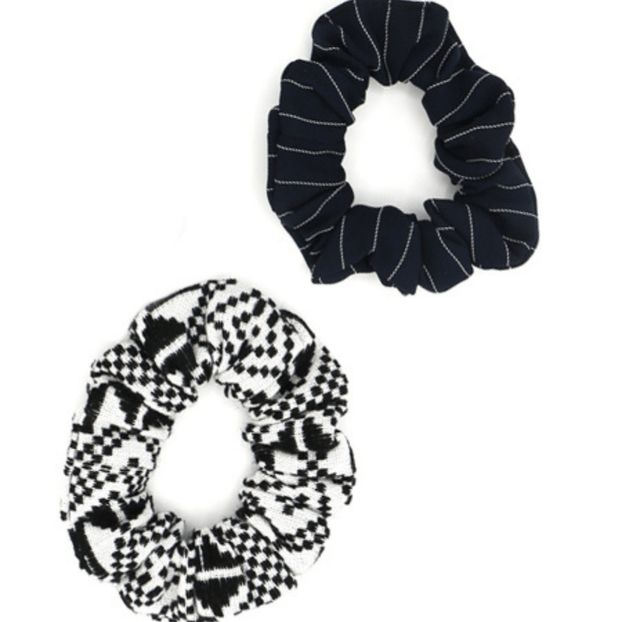 Woven scrunchie set with navy stripe and black and white geometric patterns by Fair Anita