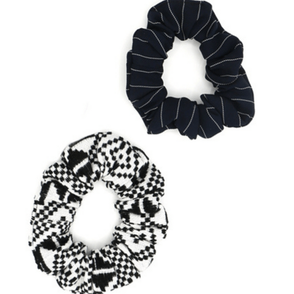 Woven scrunchie set with navy stripe and black and white geometric patterns by Fair Anita