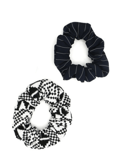 Fair trade woven scrunchie set of two in blue, black, and white patterns by Fair Anita
