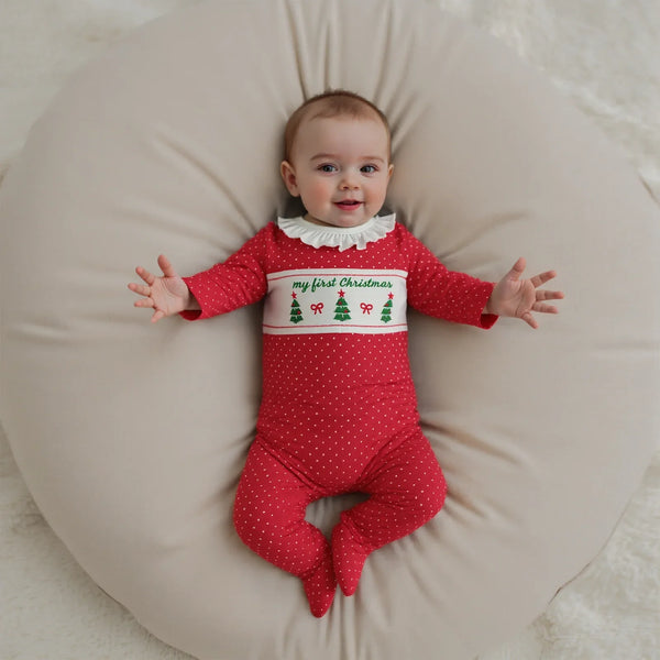 Polka Dot Christmas Tree Romper laid flat showing full design