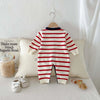 Baby wearing the Knitted Striped Bear Jumpsuit, front view