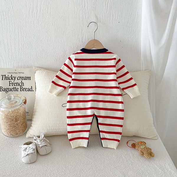 Baby wearing the Knitted Striped Bear Jumpsuit, front view