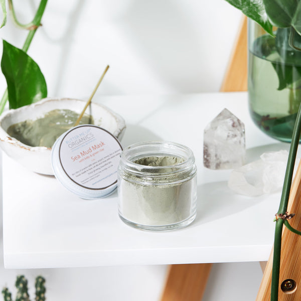 Close-up of Sea Mud Face Mask powder showing natural French Green Clay and Sea Salt texture