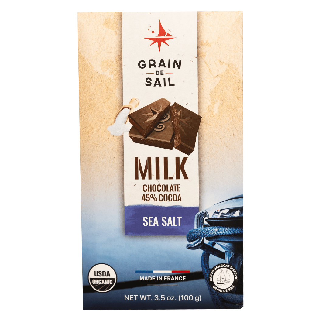 Grain de Sel Milk Chocolate (45% Cocoa) - Organic, Fair Trade & Sail-Shipped! Creamy milk chocolate with a touch of sea salt. Organic ingredients & sustainable practices.