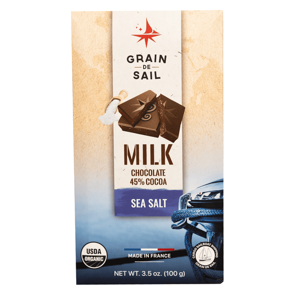 Grain de Sel Milk Chocolate (45% Cocoa) - Organic, Fair Trade & Sail-Shipped! Creamy milk chocolate with a touch of sea salt. Organic ingredients & sustainable practices.