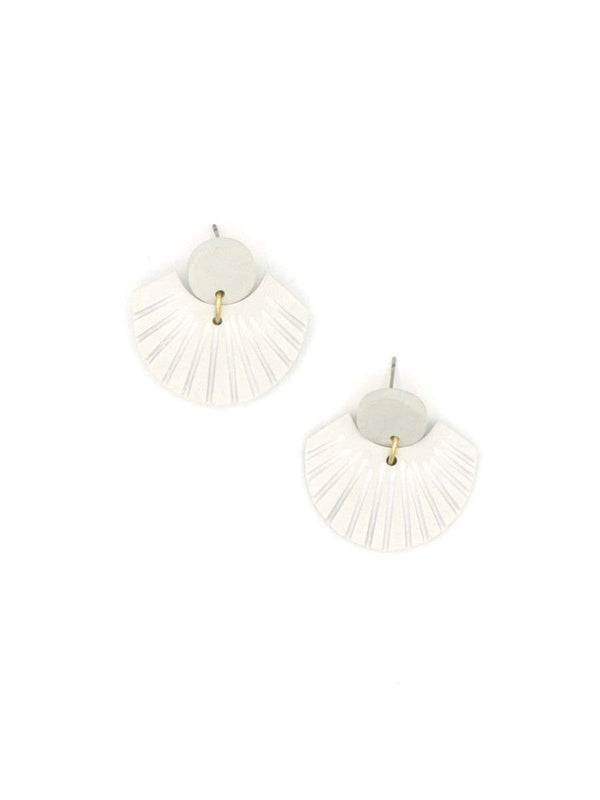 White seashell clay stud earrings by Fair Anita, handcrafted from recycled metal