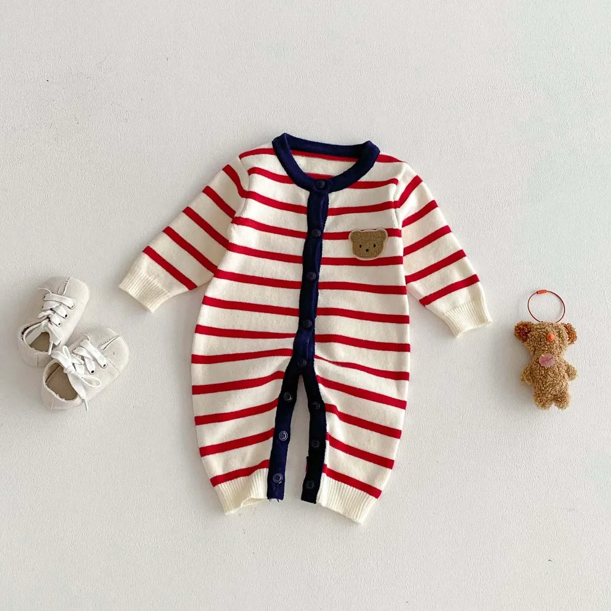 Knitted Striped Bear Jumpsuit in organic cotton for babies