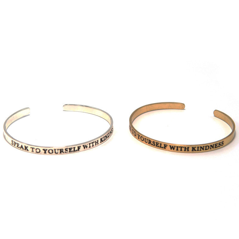 Self love quote cuff bracelet in recycled brass-plated metal, adjustable open cuff design