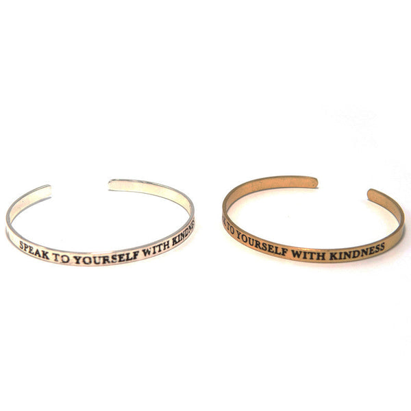 Self love quote cuff bracelet in recycled brass-plated metal, adjustable open cuff design