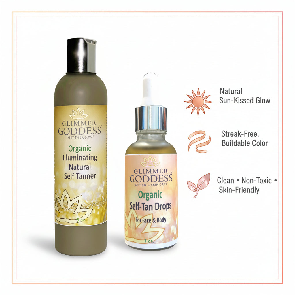 Organic Self Tanner Lotion and Self Tan Drops bundle from Glimmer Goddess Organic Skin Care