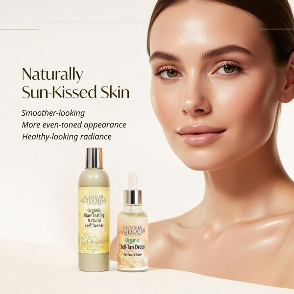 Self Tan Drops bottle shown alongside the Organic Self Tanner Lotion for face and body use