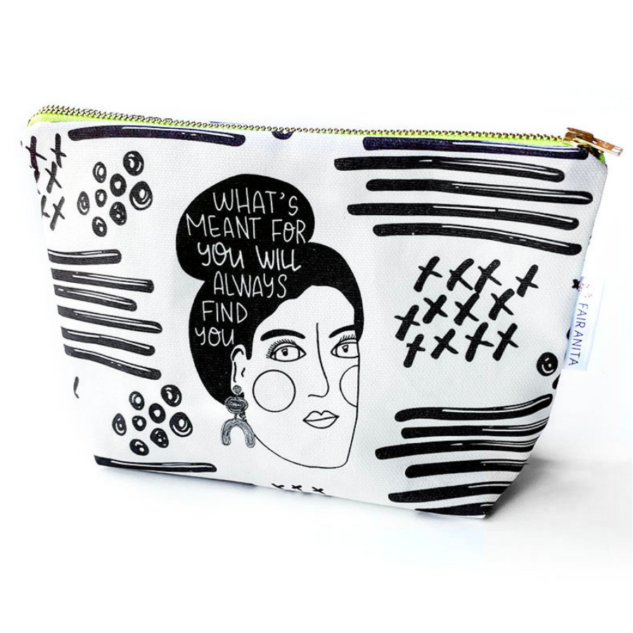 Serendipity feminist cosmetic bag with original Artifacts of Joy artwork, fair trade by Fair Anita